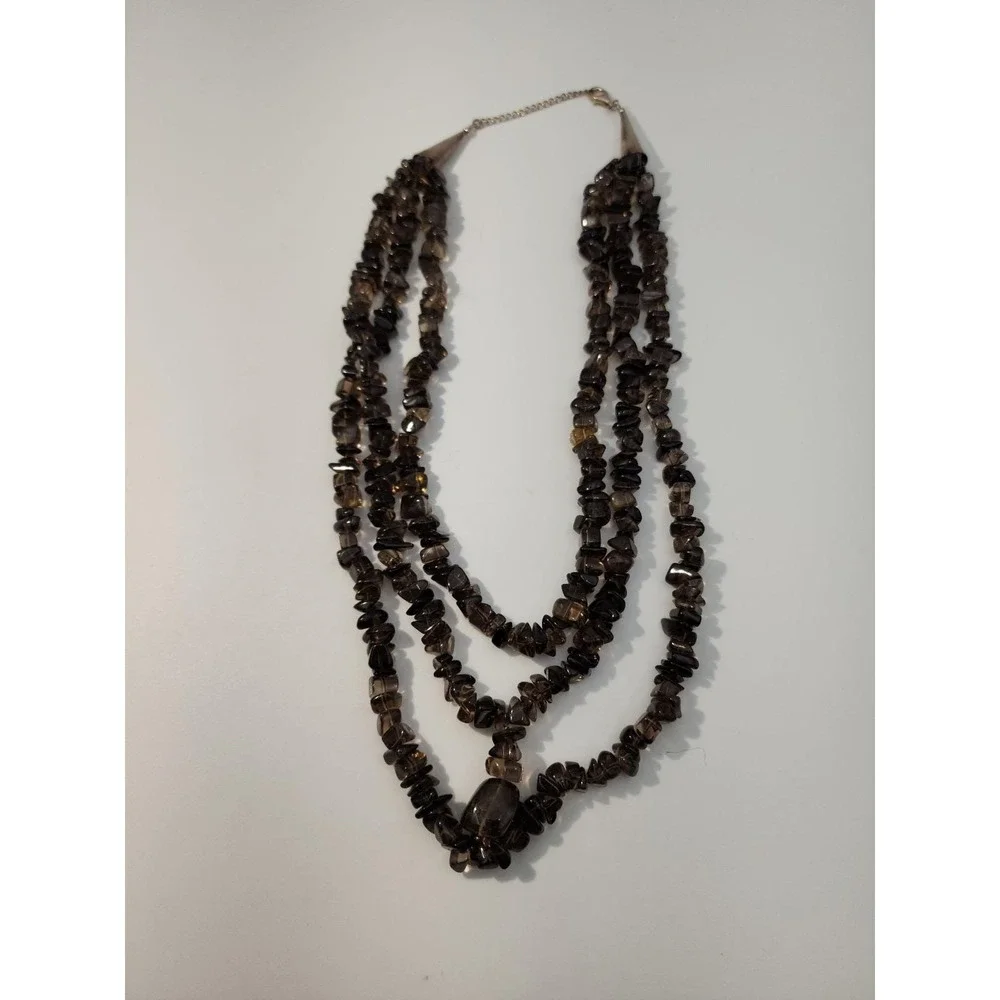 Vintage 925 southwest style 3 strand smoky quartz polished‎ chip necklace
